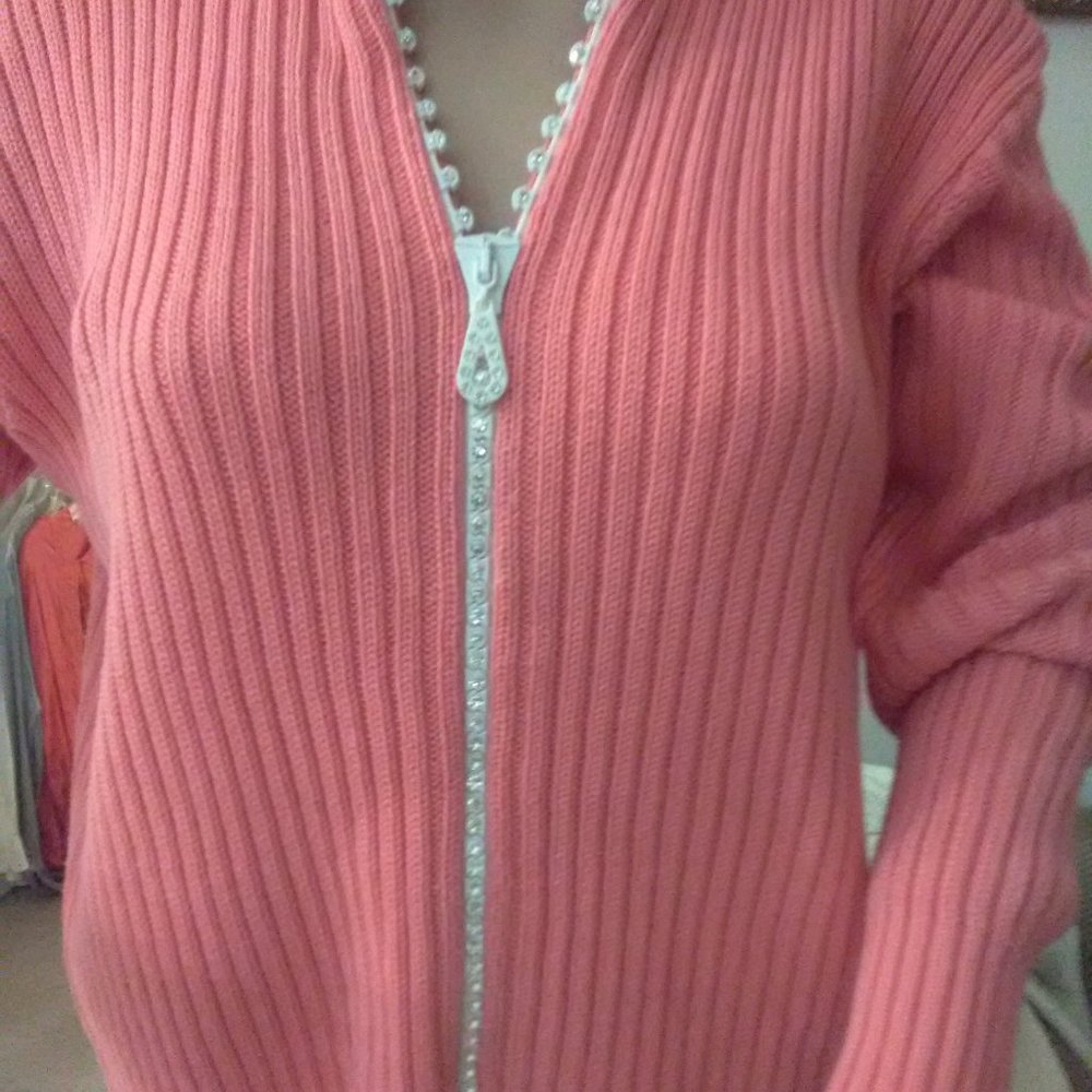VINTAGE BEAUTIFUL PEACHY VON SAKEN LG ZIP UP SWEATER 100% COTTON RHINESTONES - Picture 6 of 7